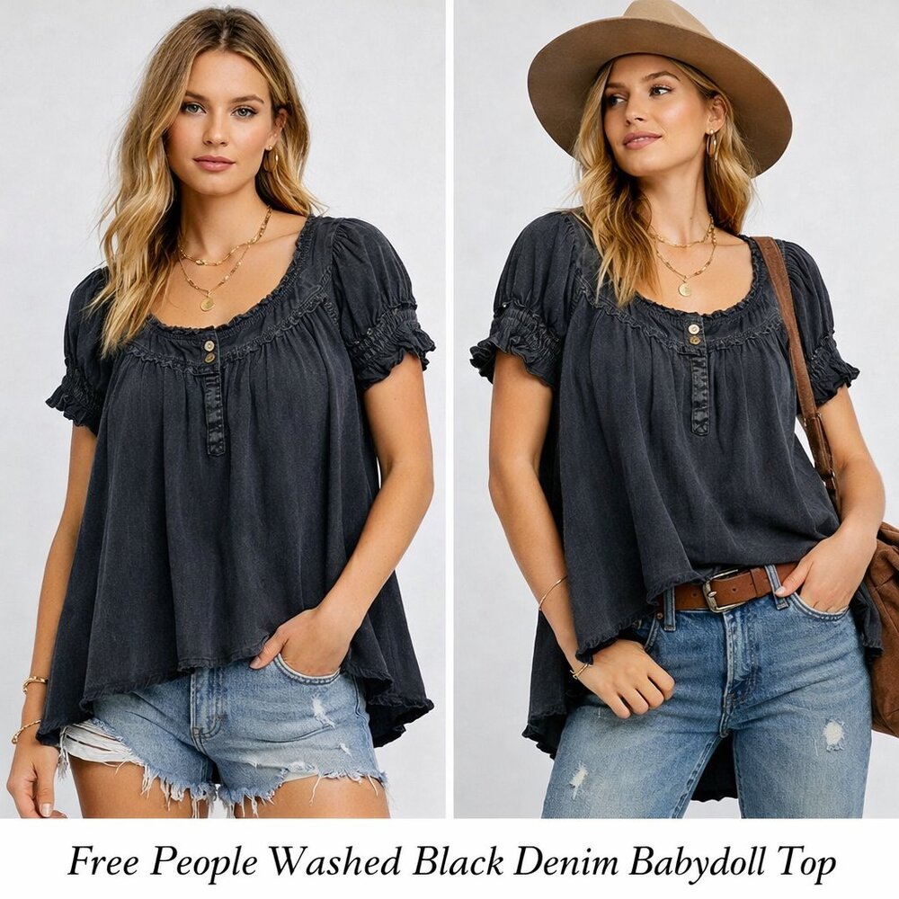 Free People Black Wash Denim‎ Babydoll Top – Size XS (Runs Big) | NWOT